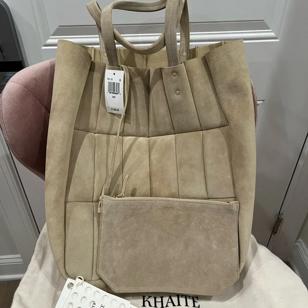 NWT KHAITE Zoe patchwork suede tote bag beige